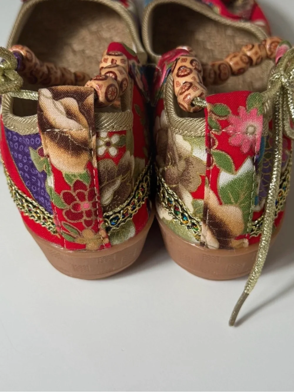 Source Unknown Red Multicolor Floral Bow Espadrille Flats with Beaded Ankle Ties